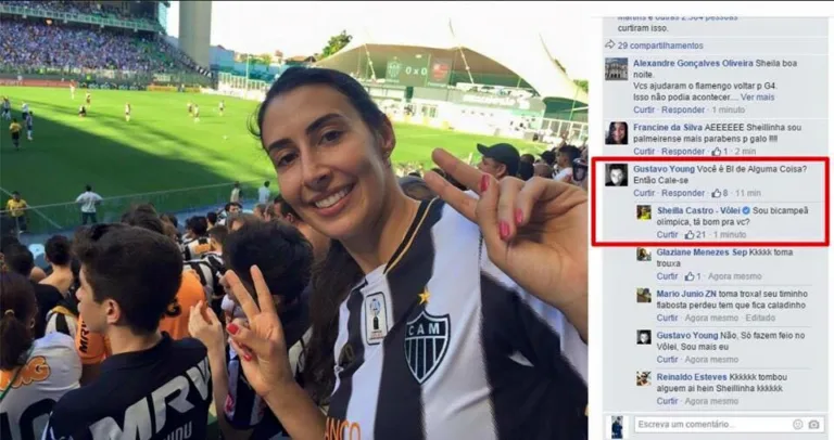 Sheilla, do vôlei, vai ao estádio torcer para o Atlético-MG e rebate torcedor do Galo na web: “Sou bicampeã olímpica”