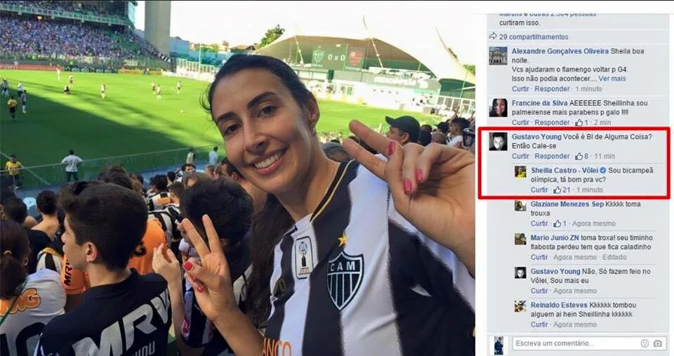 Sheilla, do vôlei, vai ao estádio torcer para o Atlético-MG e rebate torcedor do Galo na web: “Sou bicampeã olímpica”