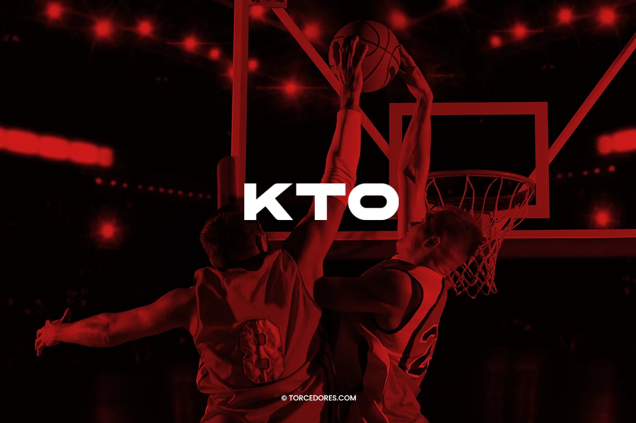 Imagem de divulgação com logo da KTO contra fundo com dois jogadores de basquete fazendo uma cesta.