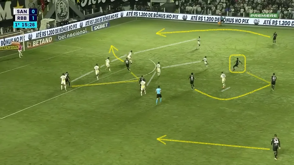 O Santos começou bem o jogo, mas mostrou dificuldades para fechar a entrada da sua área e bloquear as linhas de passe do Red Bull Bragantino. Foto: Reprodução / Premiere