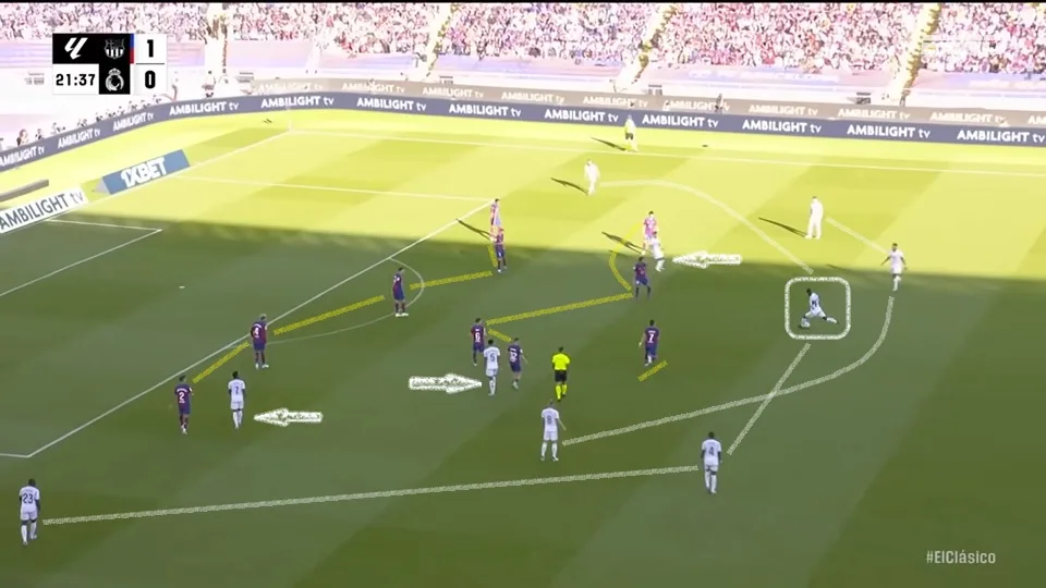 O Real Madrid teve muito pouca presença ofensiva no primeiro tempo e esbarrou na linha de cinco defensores montada por Xavi Hernández. Foto: Reprodução / YouTube / ESPN Brasil