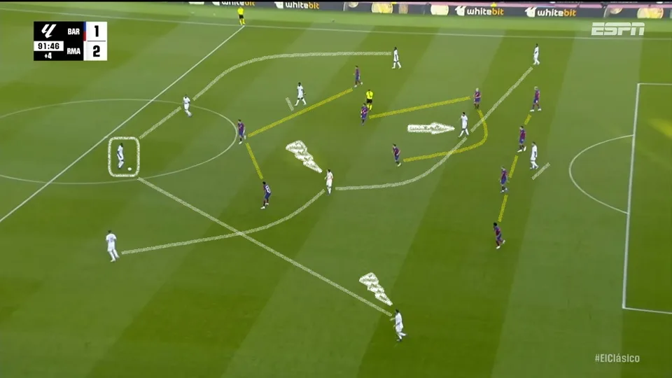 Modric e Carvajal encontraram muito espaço pela esquerda e Joselu deu mais profundidade. Era o que faltava para Bellingham desequilibrar. Foto: Reprodução / YouTube / ESPN Brasil