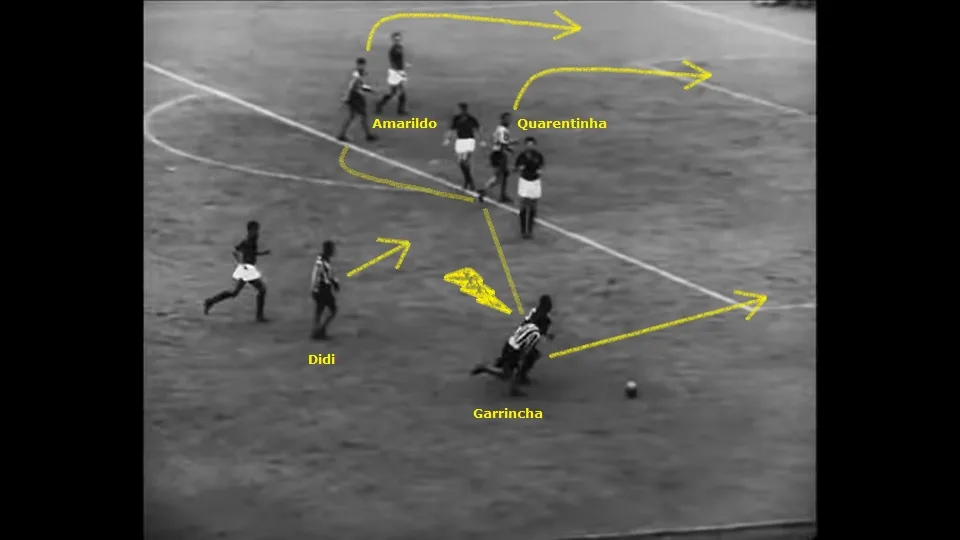 Didi armava o jogo, Quarentinha e Amarildo entravam na área e Garrincha levava os adversários à loucura pelo lado direito. Foto: Reprodução / Garrincha, Alegria do Povo