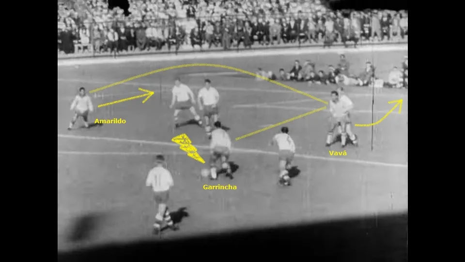 Garrincha virou protagonista em 1962 após a lesão de Pelé. Com Zagallo mais meio-campista, Mané passou a circular por todo o campo. Foto: Reprodução / Garrincha, Alegria do Povo