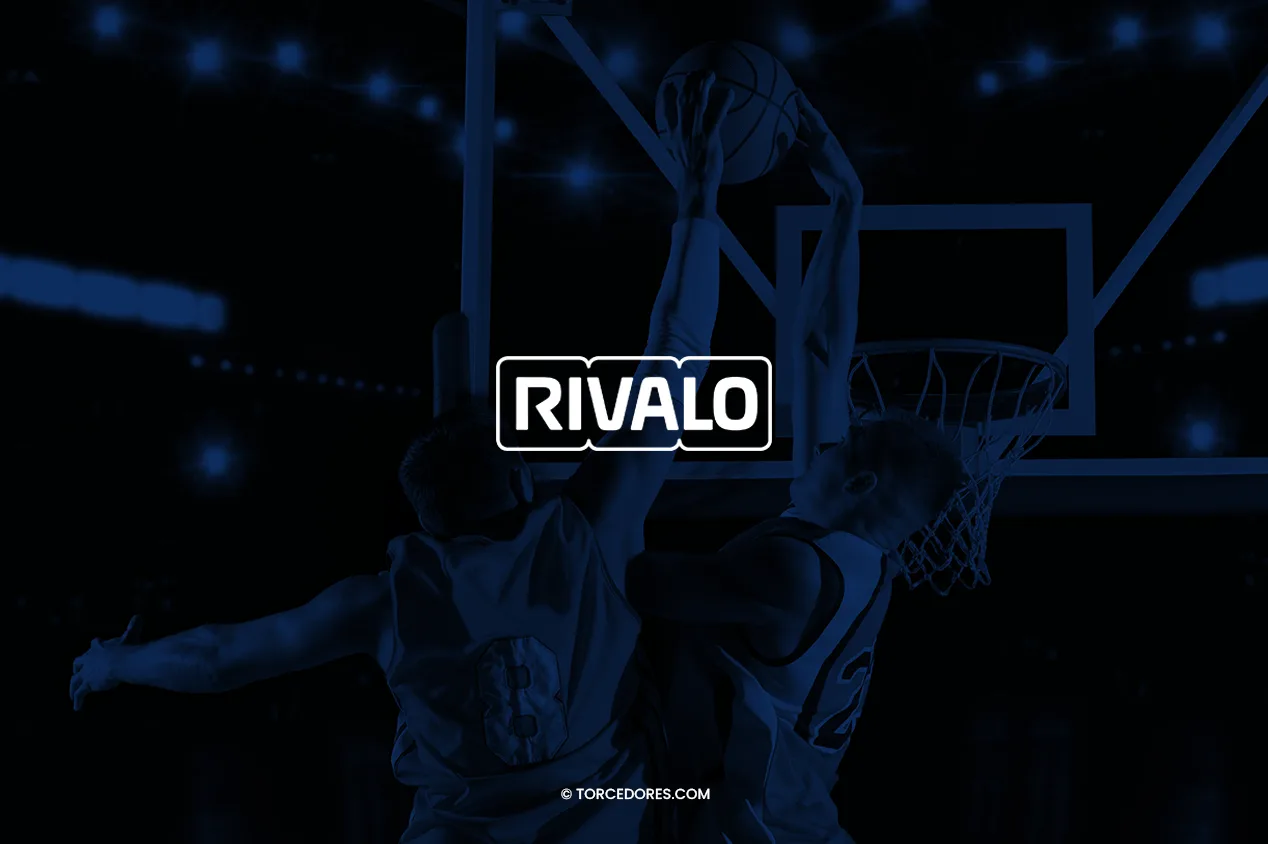 Imagem promocional com logotipo da Rivalo contra fundo em tons sépia: dois jogadores de basquete disputam bola junto do cesto.
