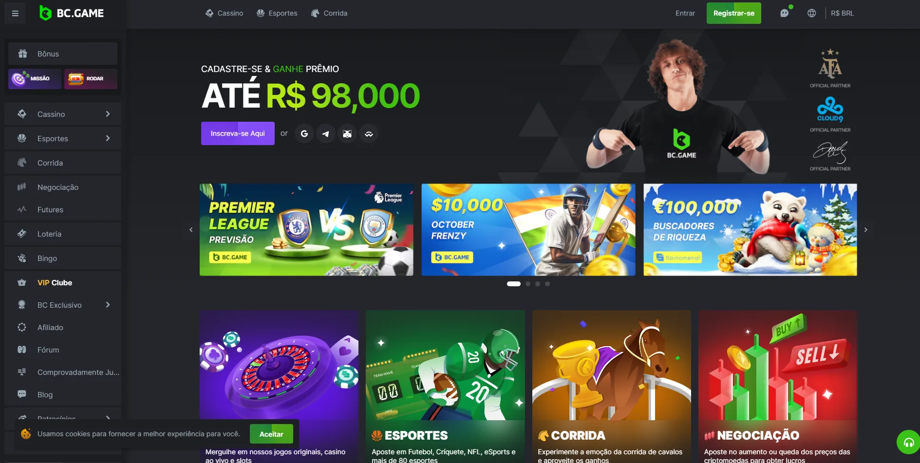 Captura de tela do site da BC.Game demonstrando a plataforma e as diferentes opções de navegação.