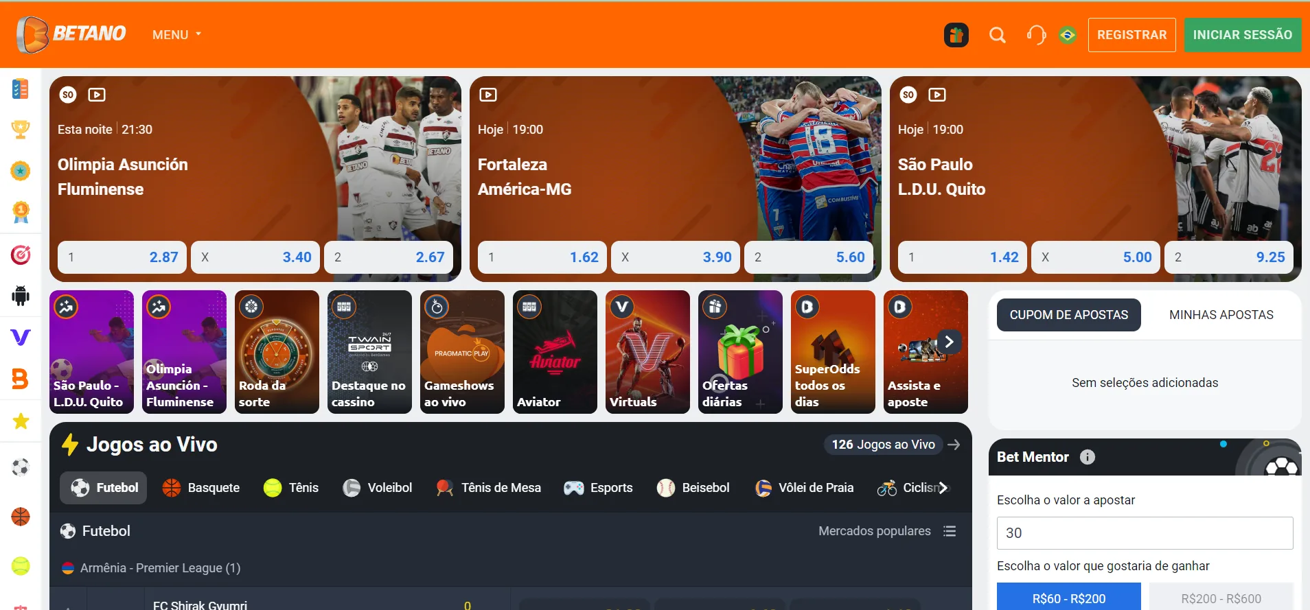 Captura de tela da versão desktop da Betano demonstrando a plataforma e as diferentes seções pelas quais se pode navegar.