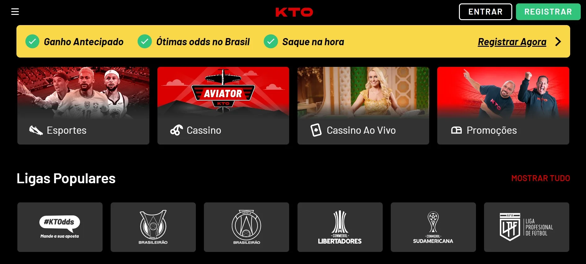 Captura de tela do site KTO Brasil demonstrando a plataforma e as diferentes opções de navegação.