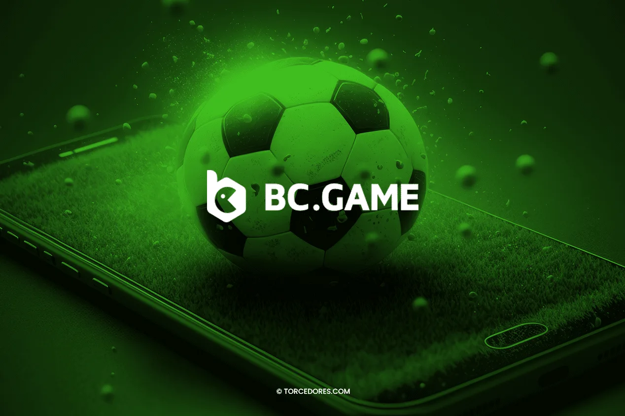 Imagem promocional da BC.Game em tons sépia: bola de futebol sobre celular.