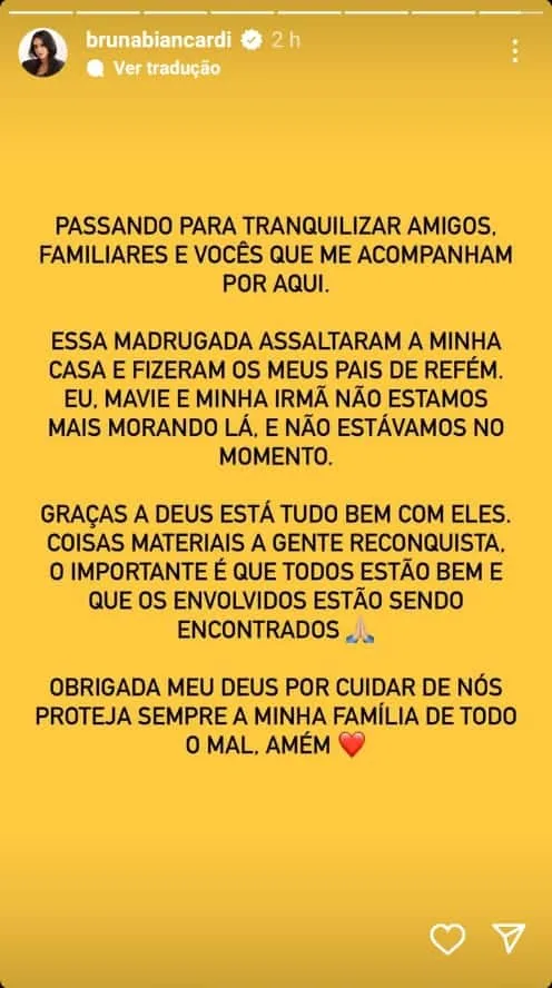 A influencer Bruna Biancardi publicou agradecimento nas redes sociais.