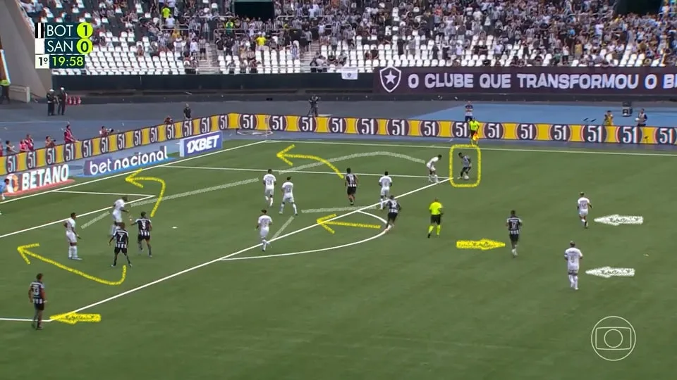 Tchê Tchê recebe a bola, Gabriel Pires arrasta a zaga e Júnior Santos ataca o espaço. O Botafogo se impôs diante de um Santos confuso na defesa. Foto: Reprodução / TV Globo