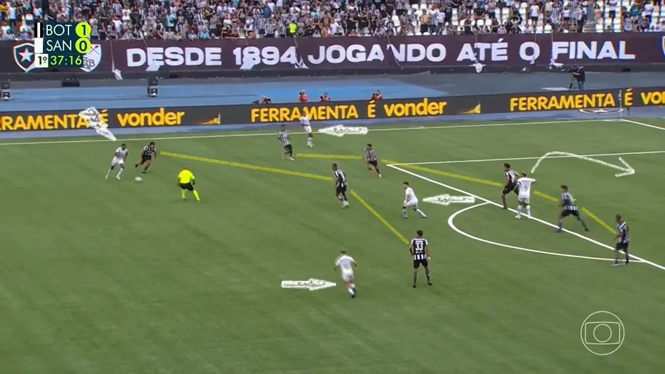 Jean Lucas se livra de Gabriel Pires, mas encontra Marcos Leonardo encaixotado e Nonato, Soteldo e Kevyson bem marcados. O Santos não jogava bem. Foto: Reprodução / TV Globo