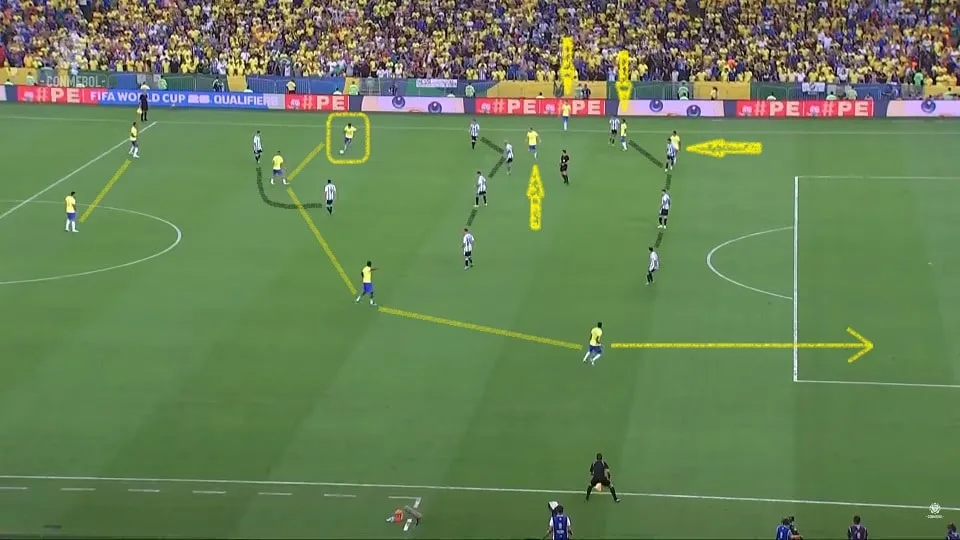 A Seleção Brasileira levou algum perigo nas inversões de jogo para a direita, mas isso não foi suficiente para superar a defesa portenha. Foto: Reprodução / YouTube / CONMEBOL