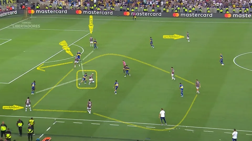 John Kennedy arrasta a defesa e Keno ataca o espaço antes de devolver para o camisa nove. Gol com a cara do "Dinizismo". Foto: Reprodução / YouTube / Conmebol Libertadores