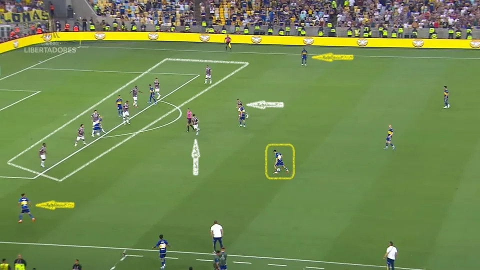 Fernando Diniz fechou a entrada da área com sete jogadores e apenas Cano e André um pouco mais à frente. O Boca pouco ameaçou. Foto: Reprodução / YouTube / Conmebol Libertadores