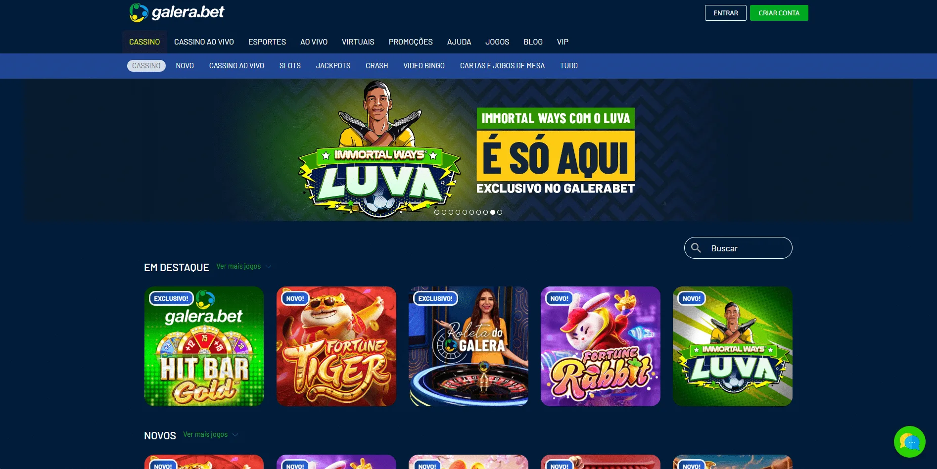 Captura de tela da página inicial do site da Galera Bet demonstrando a plataforma. 
