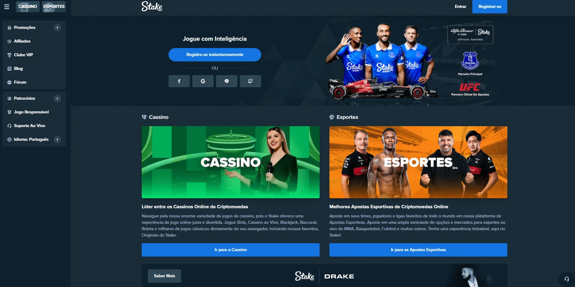Captura de tela da página inicial do site da Stake Brasil demonstrando a plataforma.