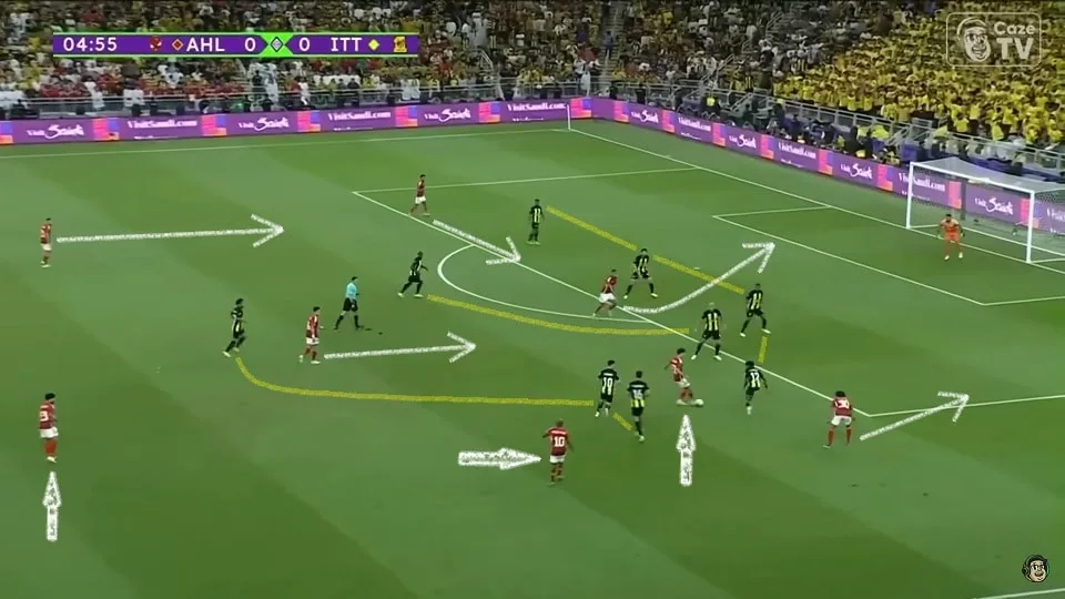 Kahraba arrasta a zaga, Hany ataca a linha de fundo e os volantes chegam por dentro. O Al-Ahly se impôs no jogo com uma certa facilidade. Foto: Reprodução / YouTube / CazeTV