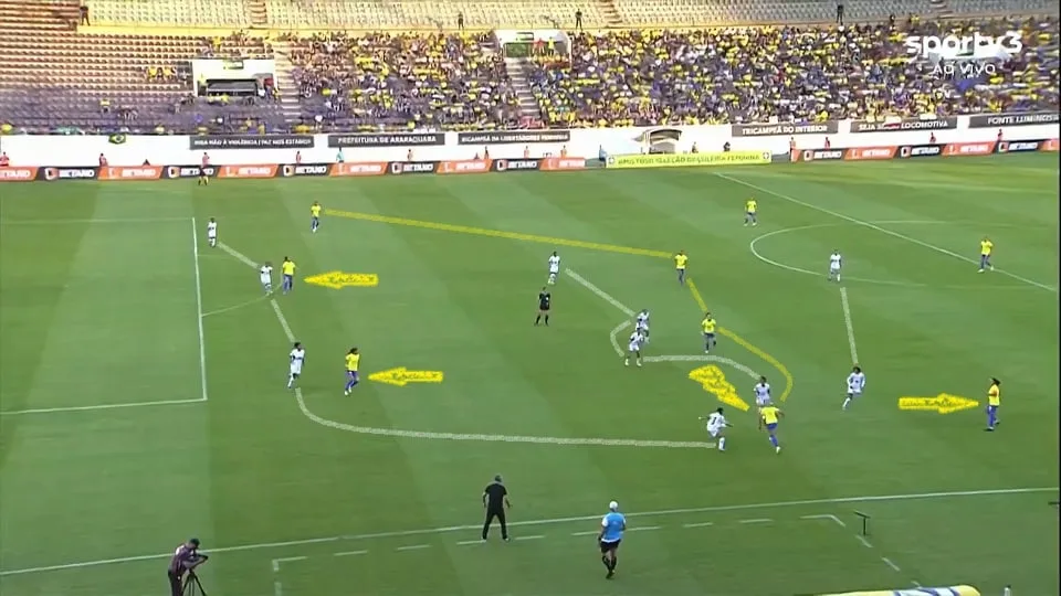 Marta tinha liberdade para circular por todo o campo de ataque, Eudmilla e Tamires faziam as alas e Bia Zaneratto se juntava a Gabi Nunes no ataque. Foto: Reprodução / SPORTV