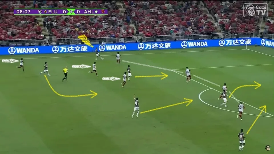 Keno e Jhon Arias abrem o campo, Cano arrasta a zaga adversária e abre espaço para as chegadas de Marcelo, Martinelli e Ganso mais por dentro. Foto: Reprodução / YouTube / CazéTV