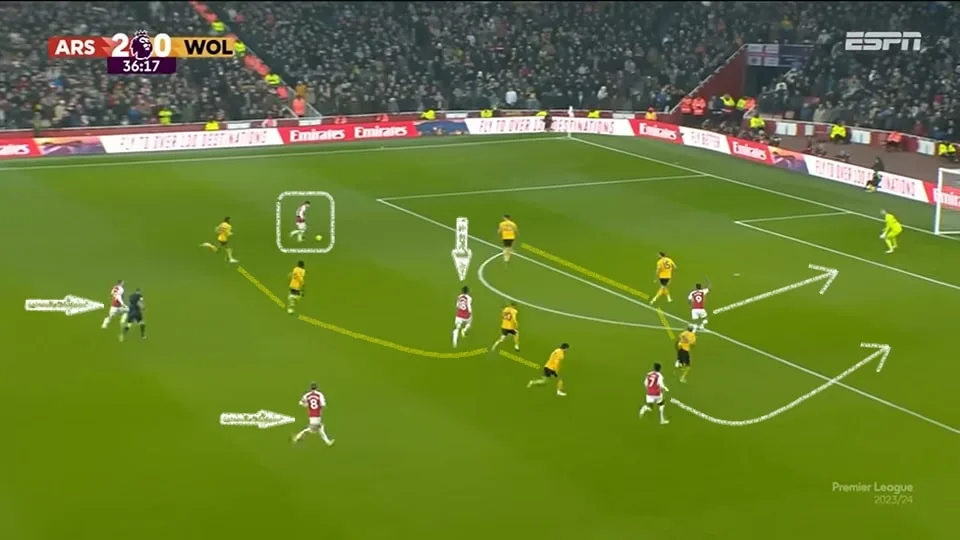 Tomiyasu aparece por dentro (quase como um ponta de lança) enquanto Gabriel Martinelli carrega pela esquerda e Gabriel Jesus arrasta os zagueiros. Foto: Reprodução / ESPN Brasil