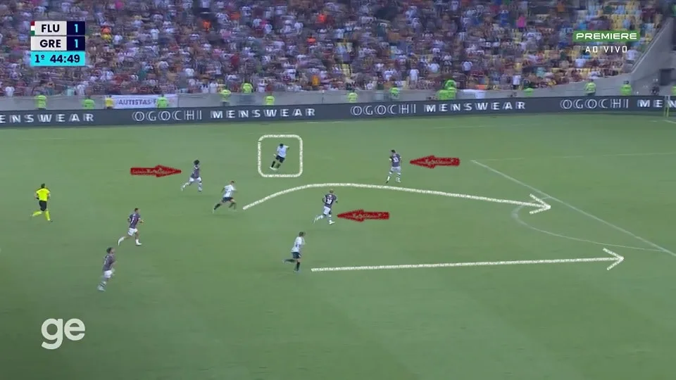 Suárez recebe a bola no corredor esquerdo e recebe a companhia de Ferreira e Pepê no contra-ataque sempre buscando o espaço às costas dos adversários. Foto: Reprodução / Premiere / GE