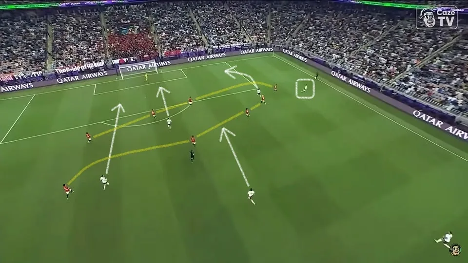 Bernardo Silva e Foden trocam de posição e Matheus Nunes teve espaço para avançar pela direita. O Urawa resistiu até o final do primeiro tempo. Foto: Reprodução / YouTube / CazéTV