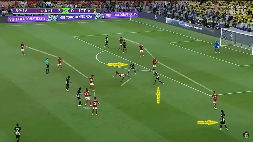 O Al-Ahly teve problemas na contenção dos espaços entrelinhas e na distância entre zagueiros e laterais. O Flu pode explorar todo esse cenário. Foto: Reprodução / YouTube / CazeTV