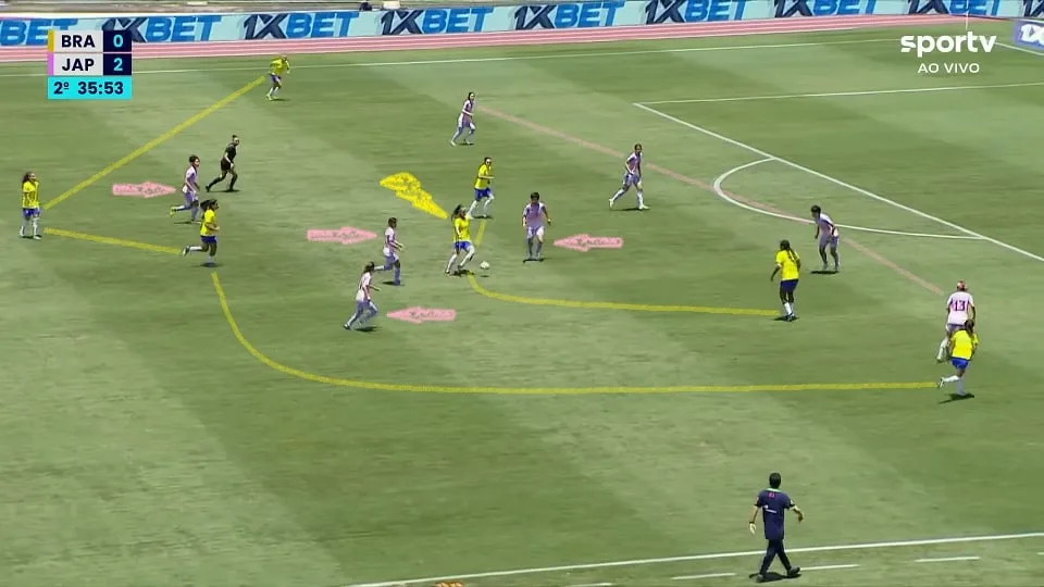 A entrada de Bia Zaneratto como "10" melhorou um pouco o desempenho ofensivo da Seleção Feminina, mas nada que oferecesse muito perigo ao Japão. Foto: Reprodução / SPORTV