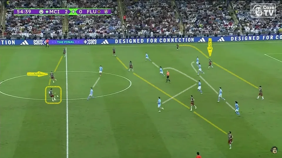 John Kennedy entrou no lugar de Keno e André recuava para fazer a "saída de três". O Fluminense ganhou mais opções, mas ainda era pouco. Foto: Reprodução / YouTube / CazéTV