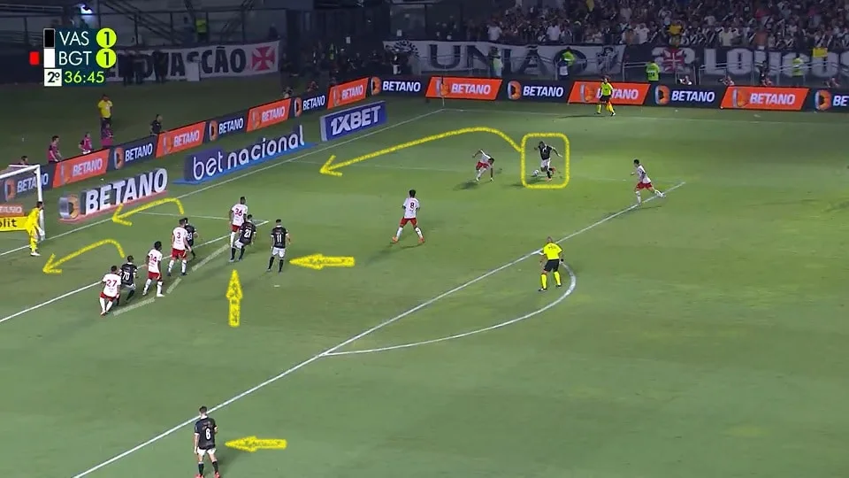 Serginho "Sem Fronteiras" se juntou a Vegetti, Praxedes, Gabriel Pec no "abafa" que resultou no segundo gol. A expulsão de Realpe facilitou as coisas. Foto: Reprodução / TV Globo