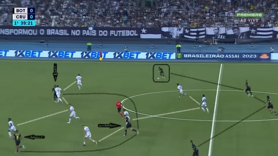 Sem Eduardo, Tiago Nunes apostou num 3-4-3 com Tiquinho Soares atuando como uma espécie de "falso nove". Faltou acertar o pé nas conclusões a gol. Foto: Reprodução / Premiere