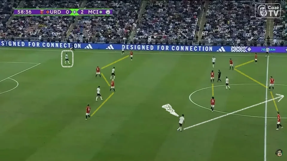 Akanji recebe na defesa, vê Matheus Nunes se lançando entre Höibraaten e Akimoto e faz o passe que vai terminar na finalização de Bernardo Silva. Foto: Reprodução / YouTube / CazéTV