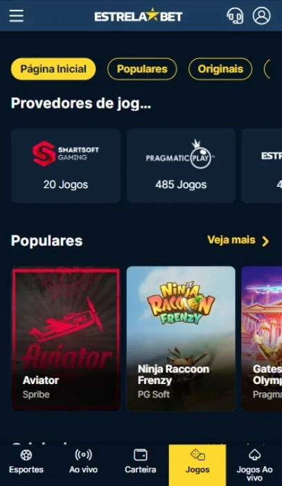 reprodução de tela do site Estrela Bet casino mobile