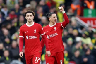 David Nuñez, do Liverpool, comemora gol sobre o Norwich em jogo pela Copa da Inglaterra