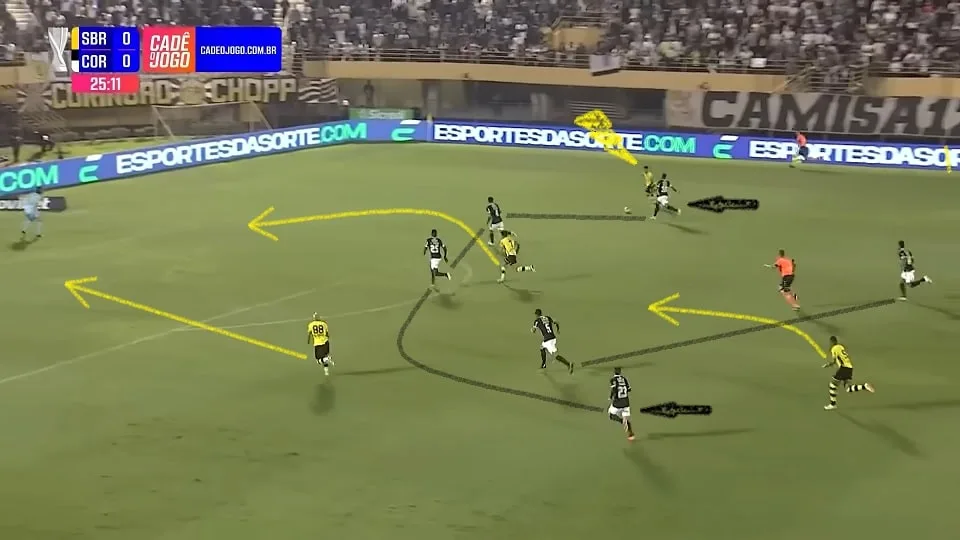 Vitor Ricardo cruza, Lucas Tocantins arrasta a marcação e Silvinho recebe livre nas costas da defesa. Belo gol do Bernô. Foto: Reprodução / YouTube / Paulistão