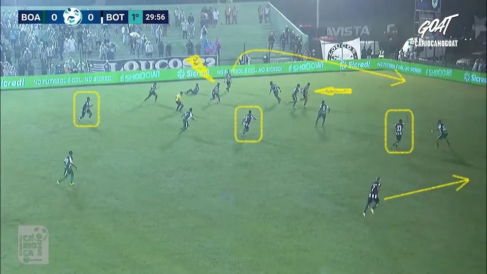 Jeffinho recebe, Hugo ultrapassa, Eduardo aparece no ataque e Tchê Tchê aparece por dentro. Muitas jogadas pela esquerda. Foto: Reprodução / YouTube / GOAT