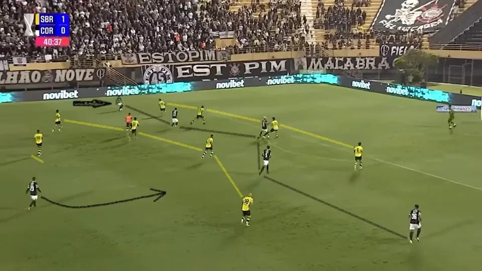 O São Bernardo se fechou com duas linhas na frente da sua área e o Corinthians não fez nada além de levantar a bola na área. Foto: Reprodução / YouTube / Paulistão