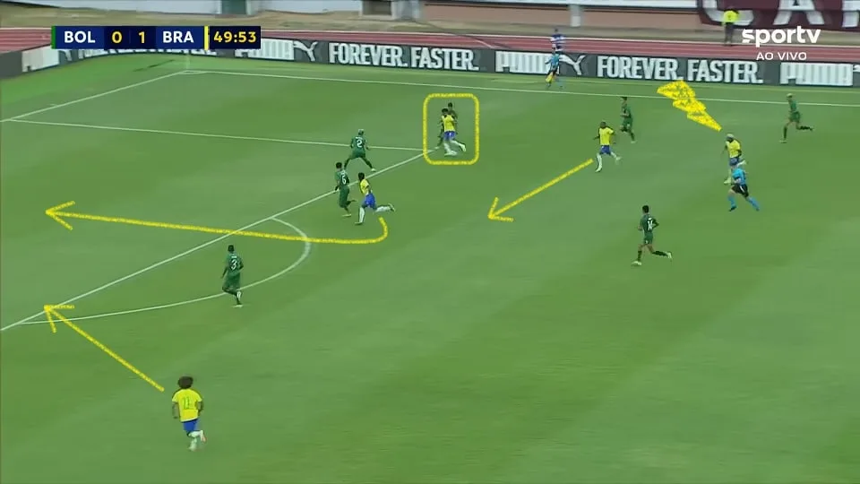 Andrey Santos avança, John Kennedy recuae Endrick arrasta a zaga. O Brasil melhorava quando o meio-campo se apresentava. Foto: Reprodução / SPORTV