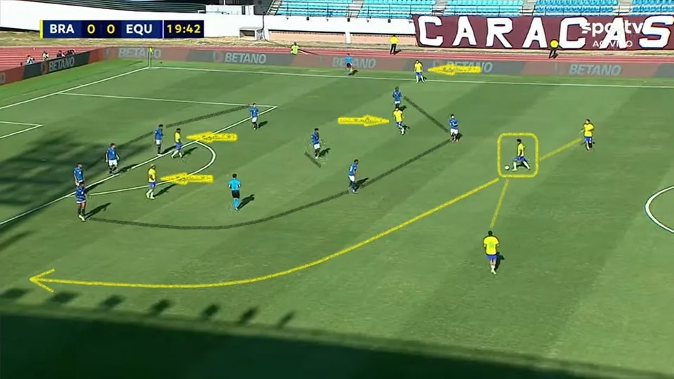 Maurício se aproxima de Endrick e John Kennedy e Andrey Santos recebe entre Marlon Gomes e Rikelme na variação para o 2-3-5. Foto: Reprodução / SPORTV