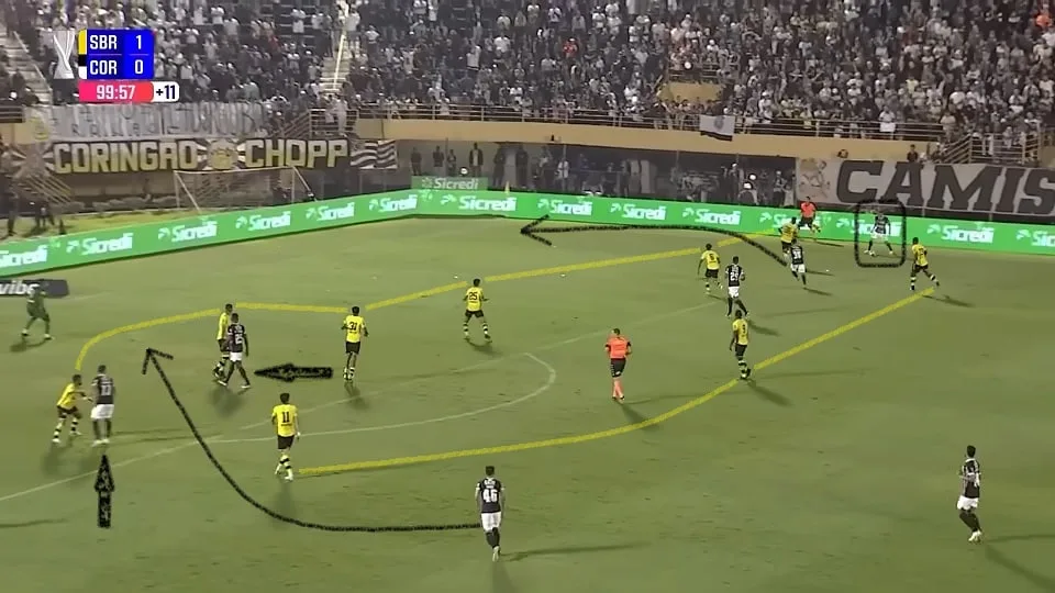 O Corinthians se mandou para o ataque, mas a equipe pouco fez para superar o "ônibus" estacionado na frente da área do Bernô. Foto: Reprodução / YouTube / Paulistão