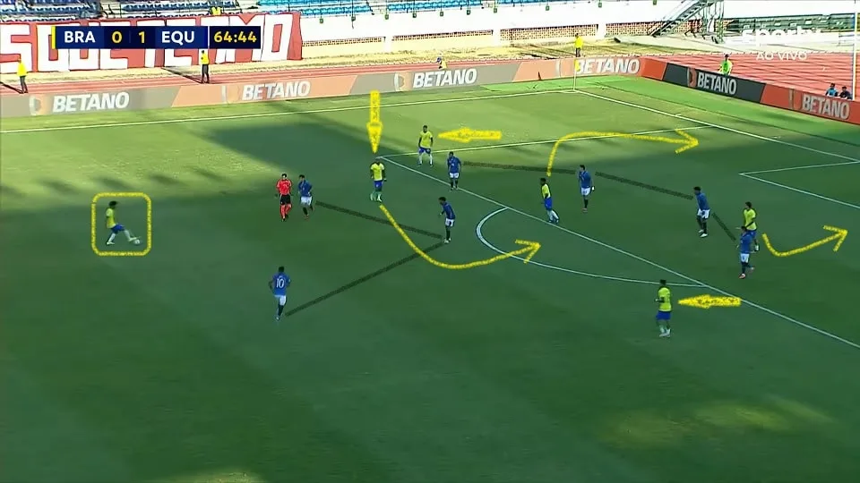 Com Gabriel Pec no lugar de Maurício, a Seleção Olímpica ganhou profundidade. Andrey armava o jogo e Marlon Gomes pisava na área. Foto: Reprodução / SPORTV