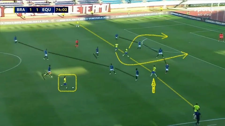 Marquinhos e Gabriel Pec abriam o campo, Khellven aparecia por dentro e Gabriel Pirani se juntava a John Kennedy mais à frente. Foto: Reprodução / SPORTV