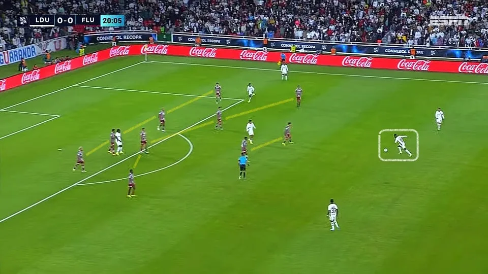 Fernando Diniz baixou as linhas da sua equipe no jogo contra a LDU em Quito. A equipe encontrou dificuldades para sair da defesa. Foto: Reprodução / YouTube / ESPN Brasil