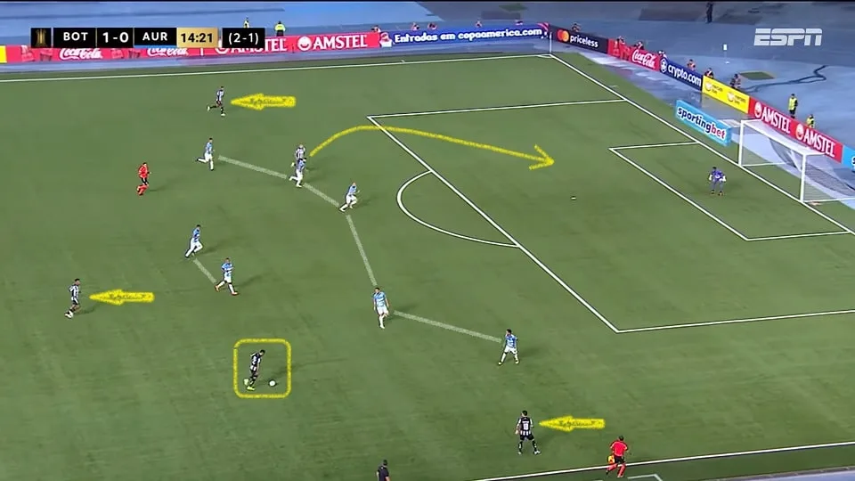 Damián Suárez aparece pela intermediária, Savarino e Júnior Santos abrem o campo, Tchê Tchê aparece por dentro e Tiquinho ataca o espaço. Foto: Reprodução / YouTube / ESPN