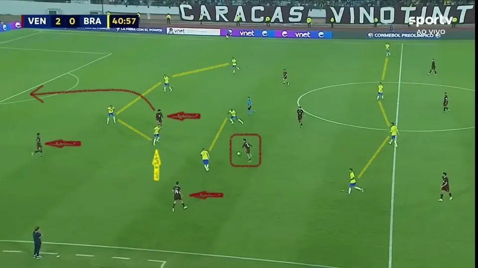 Bruno Gomes não esteve bem jogando improvisado na lateral-direita. O ataque venezuelano facilidade para explorar os espaços. Foto: Reprodução / SPORTV