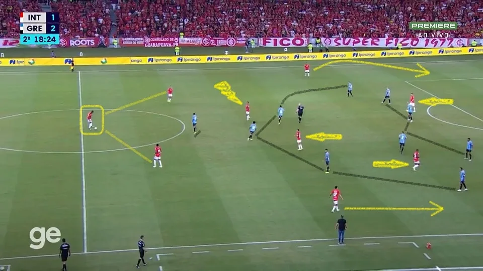 Alario se juntou a Enner Valencia no ataque, Alan Patrick ficou mais recuado e Maurício fez boa dupla com Bustos pelo lado direito. Foto: Reprodução / Premiere / GE