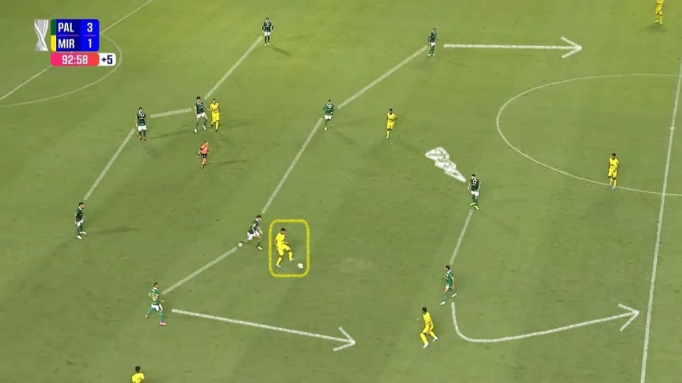 Zé Rafael foi o "camisa 10" nos minutos finais. Caio Paulista e Breno Lopes ficaram pelos lados e Gabriel Menino se juntou a Richard Ríos. Foto: Reprodução / YouTube / Paulistão