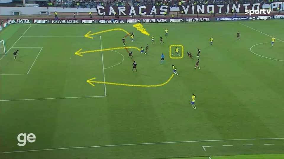 A Seleção Olímpica melhorou com as entradas de Alexsander e Khellven, mas só conseguiu balançar as redes no final da partida. Foto: Reprodução / SPORTV / GE