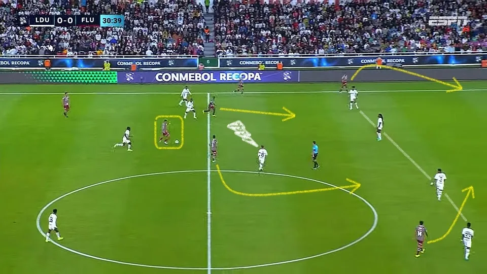 André carrega a bola, Arias ocupa a entrelinha enquanto Cano e Keno atacam o espaço às costas da última linha. Pode ser um caminho. Foto: Reprodução / YouTube / ESPN Brasil